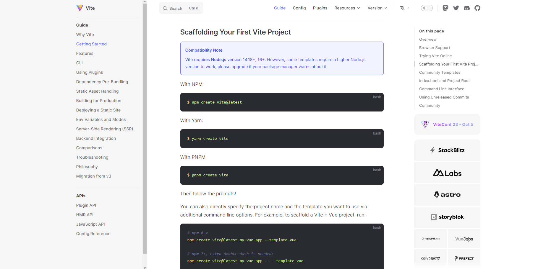 Screenshot of Vite website under Getting Started Section